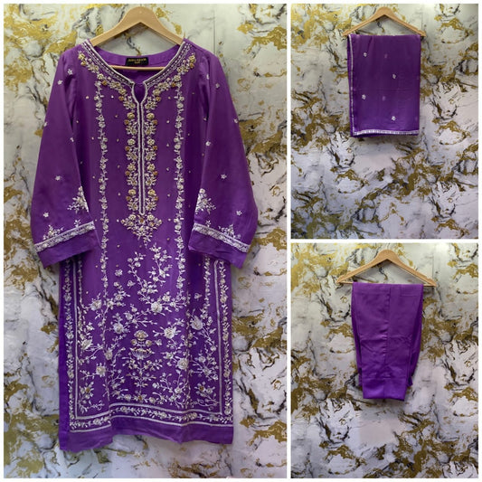 3 Piece - Pure Embroidered Bamber Chiffon ROYAL - Purple Suit AN-0025