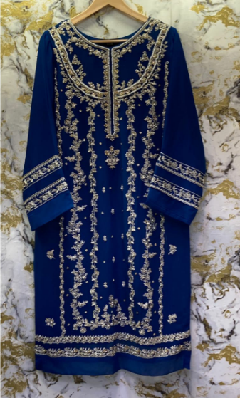 3 Piece - Pure Embroidered Bamber Chiffon ROYAL- Blue Suit AN-0027