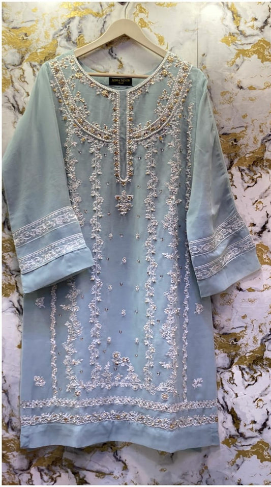 3 Piece - Pure Embroidered Bamber Chiffon SKY - Blue Suit AN-0023