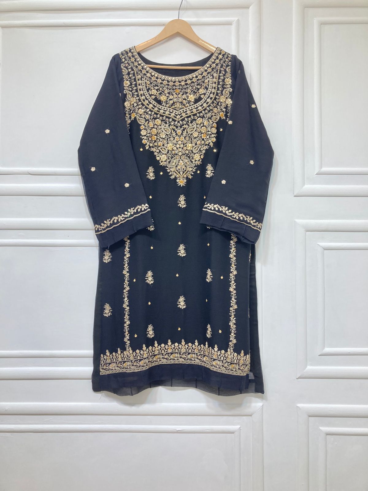 3 Piece - Pure Embroidered Bamber Chiffon JET - BLACK  Purple Suit AN-0051