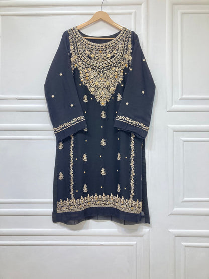 3 Piece - Pure Embroidered Bamber Chiffon JET - BLACK  Purple Suit AN-0051