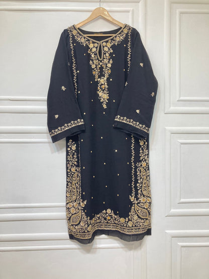 3 Piece - Pure Embroidered Bamber Chiffon DEEP - Black Suit AN-0052