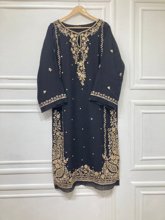 3 Piece - Pure Embroidered Bamber Chiffon DEEP - Black Suit AN-0052