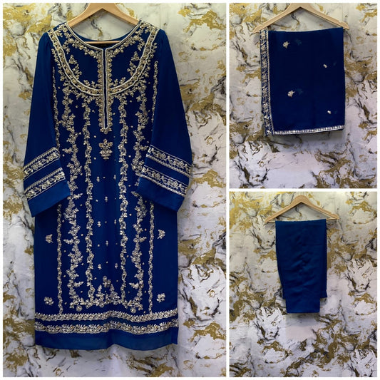3 Piece - Pure Embroidered Bamber Chiffon ROYAL- Blue Suit AN-0027