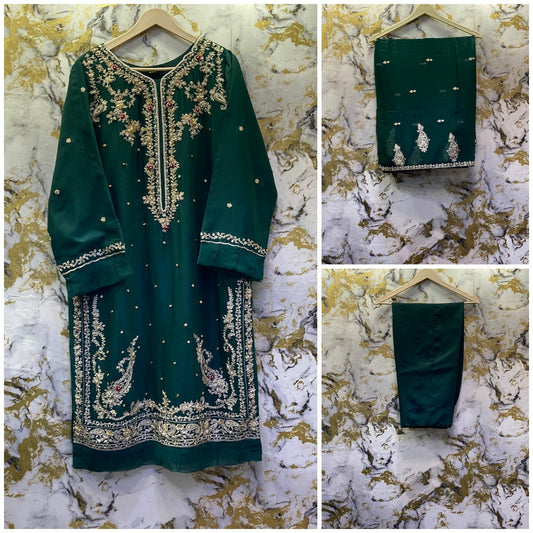 3 Piece - Pure Embroidered Bamber Chiffon DEEP - Green Suit AN-0023