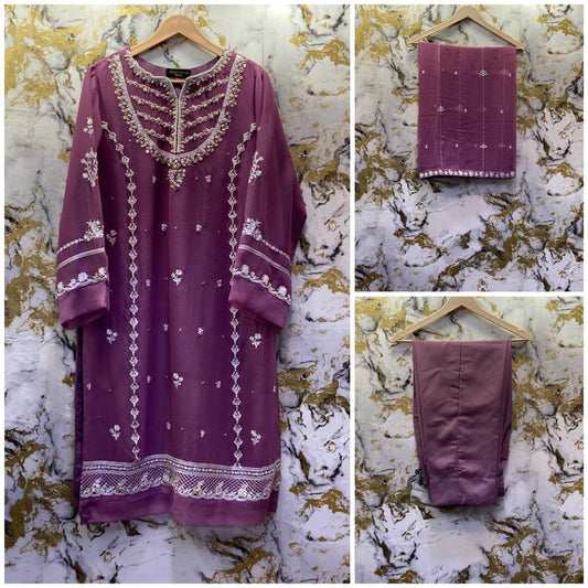 3 Piece - Pure Embroidered Bamber Chiffon MAUVE - Lavender Suit AN-0028