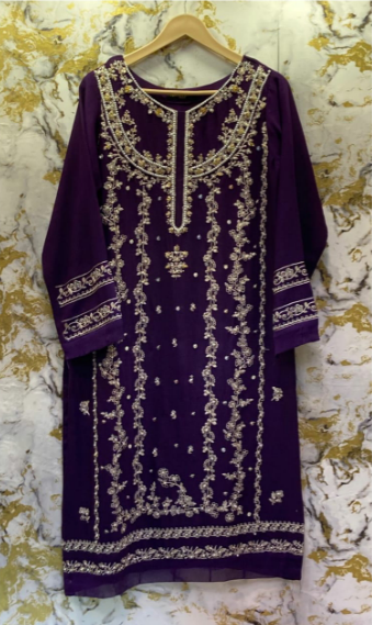 3 Piece - Pure Embroidered Bamber Chiffon PLUM - Purple Suit AN-0026