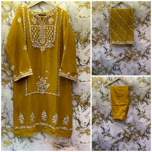 3 Piece - Pure Embroidered Bamber Chiffon MUSTARD - Yellow Suit AN-0024