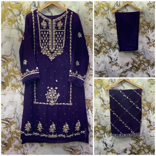 3 Piece - Pure Embroidered Bamber Chiffon OCEANIC - Blue Suit AN-0031