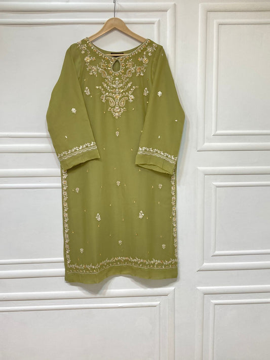 3 Piece - Pure Embroidered Bamber Chiffon DHAANI - GREEN Suit AN-0055
