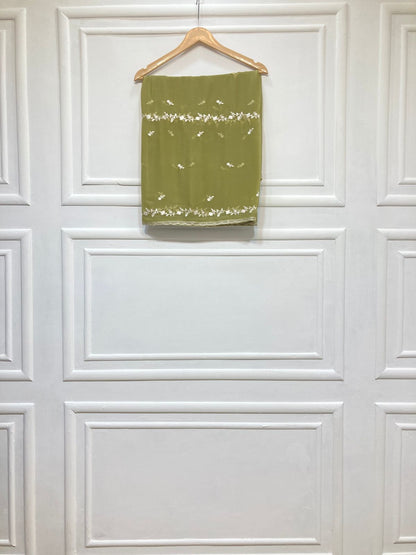 3 Piece - Pure Embroidered Bamber Chiffon DHAANI - GREEN Suit AN-0055