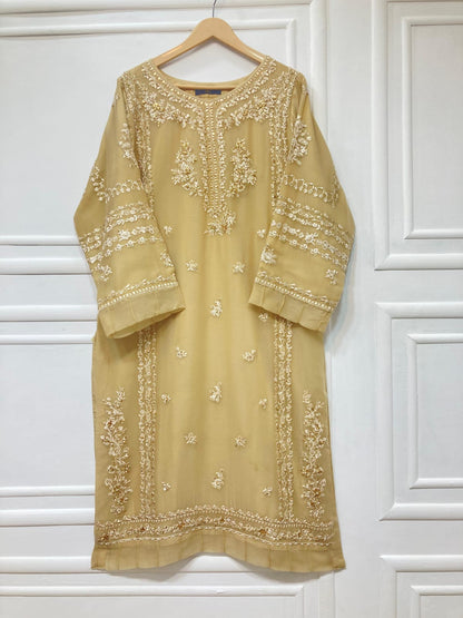 3 Piece - Pure Embroidered Bamber Chiffon MATTE - GOLD Suit AN-0058