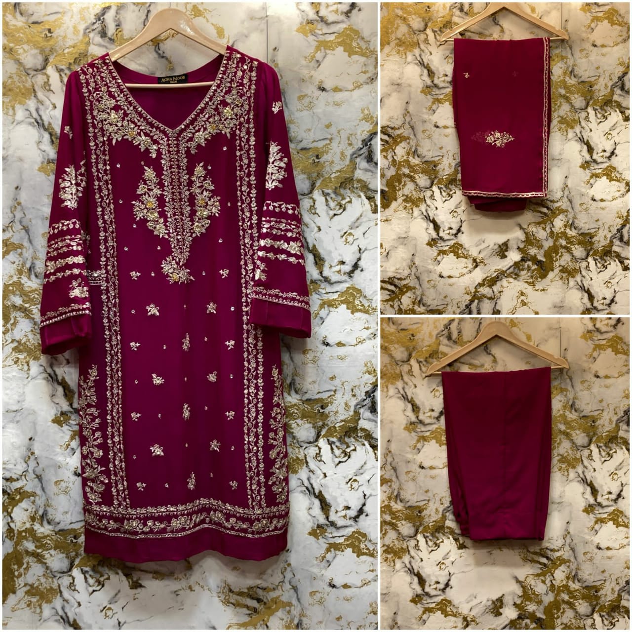 3 Piece - Pure Embroidered Bamber Chiffon CHERRY - Pink Suit AN-0004
