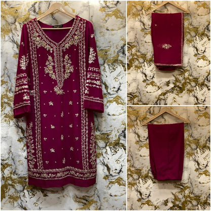 3 Piece - Pure Embroidered Bamber Chiffon CHERRY - Pink Suit AN-0004