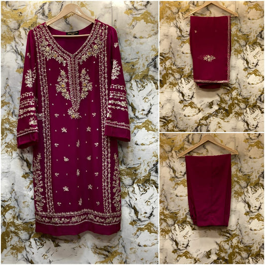 3 Piece - Pure Embroidered Bamber Chiffon CHERRY - Pink Suit AN-0004