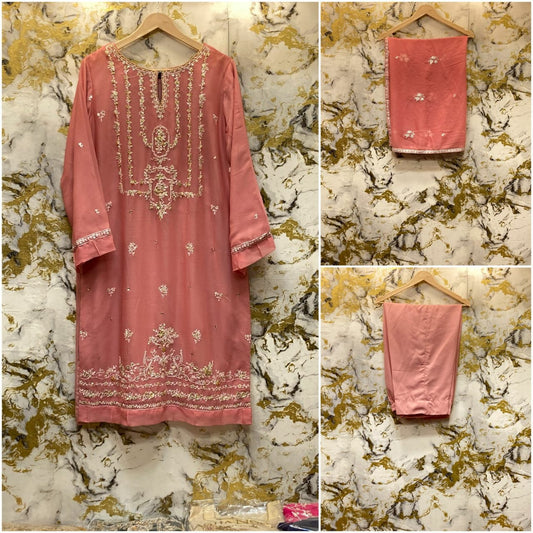 3 Piece - Pure Embroidered Bamber Chiffon TEA - Pink Suit AN-0034