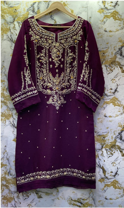 3 Piece - Pure Embroidered Bamber Chiffon DEEP - PLUM Suit AN-0002