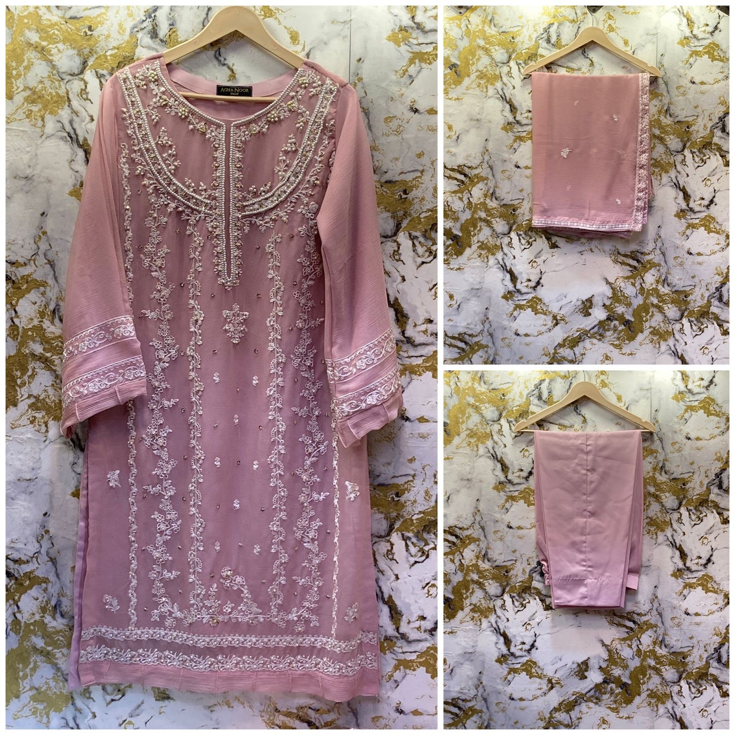 3 Piece - Pure Embroidered Bamber Chiffon TEA - Pink Suit AN-0011