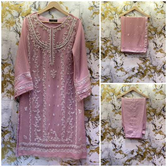 3 Piece - Pure Embroidered Bamber Chiffon TEA - Pink Suit AN-0011