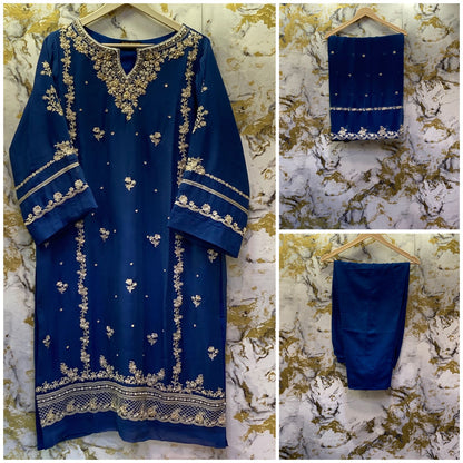 3 Piece - Pure Embroidered Bamber Chiffon CHERRY PEACOCK - Blue Suit AN-0012