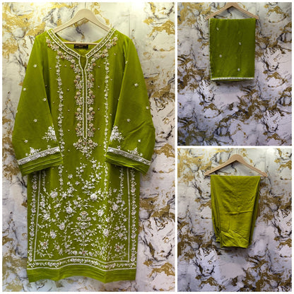 3 Piece - Pure Embroidered Bamber Chiffon PARROT - Green Suit AN-0013