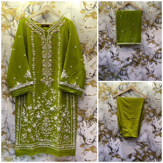 3 Piece - Pure Embroidered Bamber Chiffon PARROT - Green Suit AN-0013