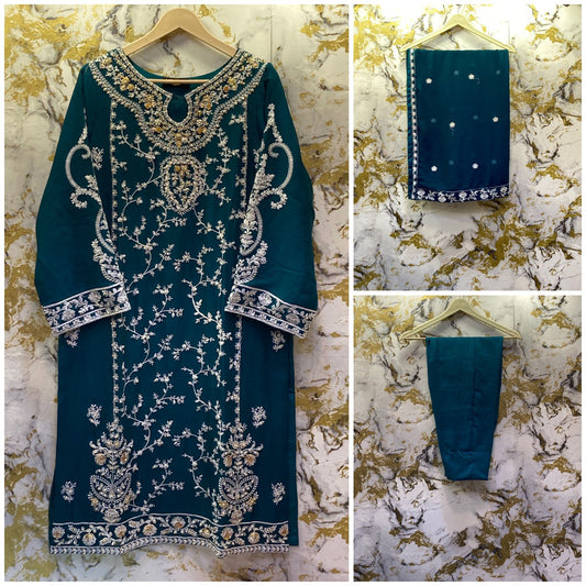3 Piece - Pure Embroidered Bamber Chiffon PEACOCK - Green Suit AN-0014