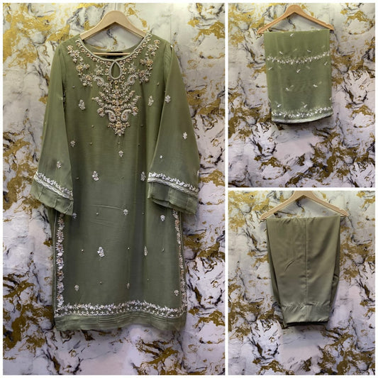 3 Piece - Pure Embroidered Bamber Chiffon OLIVE - Green Suit AN-0015