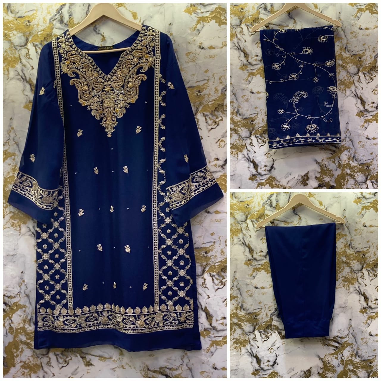 3 Piece - Pure Embroidered Bamber Chiffon ROYAL - Blue Suit AN-0016