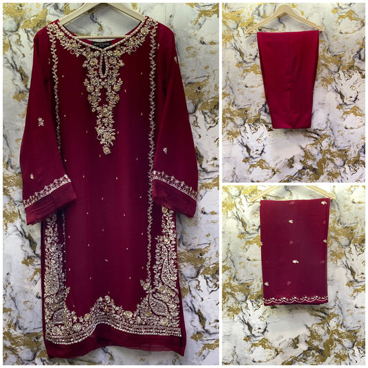 3 Piece - Pure Embroidered Bamber Chiffon  WINE - Red Suit AN-0017