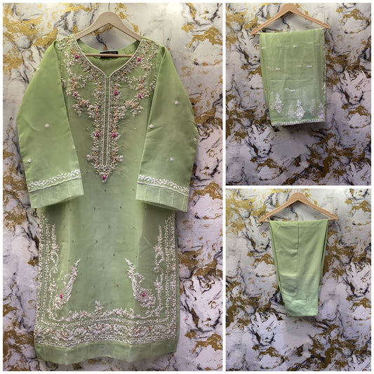 3 Piece - Pure Embroidered Bamber Chiffon MINT - Green Suit AN-0018