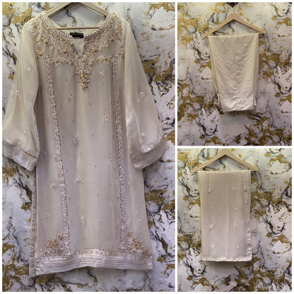 3 Piece - Pure Embroidered Bamber Chiffon PEARL - Gold Suit AN-0019