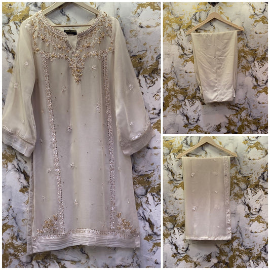 3 Piece - Pure Embroidered Bamber Chiffon PEARL - Gold Suit AN-0019