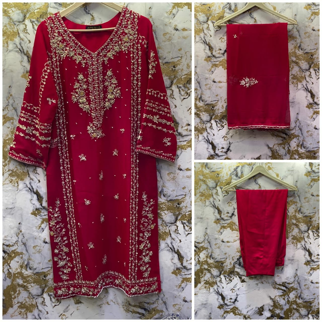 3 Piece - Pure Embroidered Bamber Chiffon CHERRY - Pink Suit AN-0020
