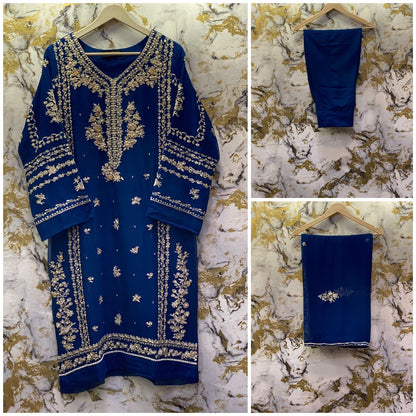 3 Piece - Pure Embroidered Bamber Chiffon INK - Blue Suit AN-0001