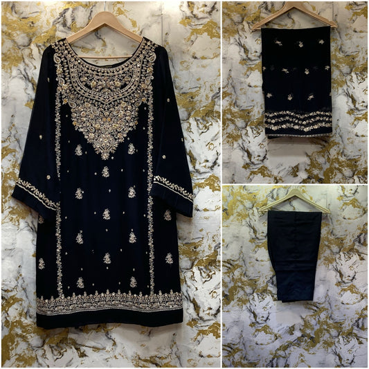 3 Piece - Pure Embroidered Bamber Chiffon DARK- Black Suit AN-0005