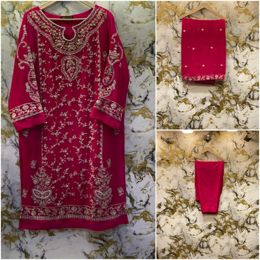 3 Piece - Pure Embroidered Bamber Chiffon HOT - Pink Suit AN-0007
