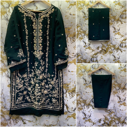 3 Piece - Pure Embroidered Bamber Chiffon BOTTLE - Green Suit AN-0008