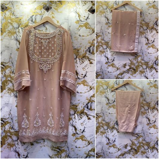3 Piece - Pure Embroidered Bamber Chiffon NODE - Pink Suit AN-0009