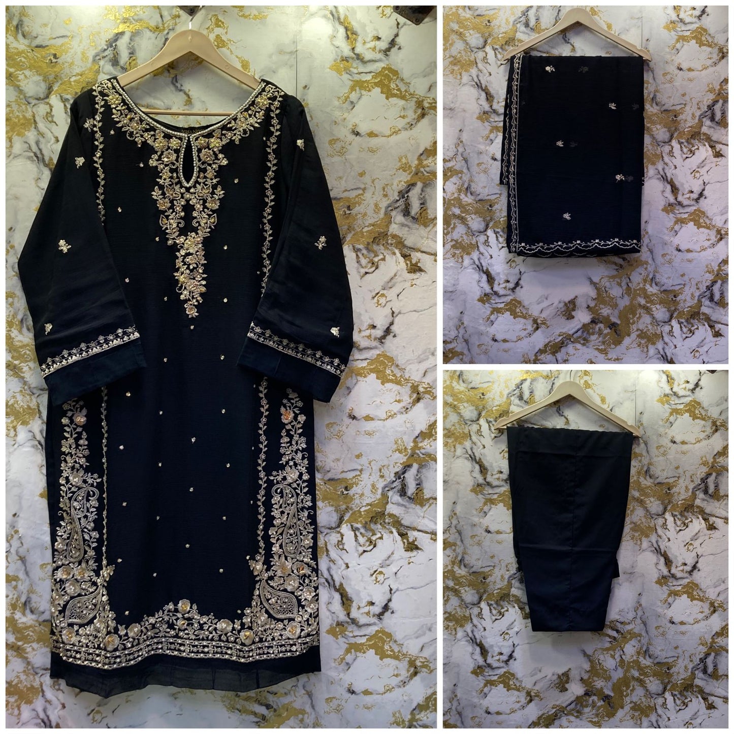3 Piece - Pure Embroidered Bamber Chiffon JET - Black  Suit AN-0010