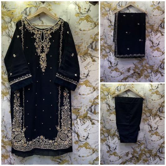 3 Piece - Pure Embroidered Bamber Chiffon JET - Black  Suit AN-0010