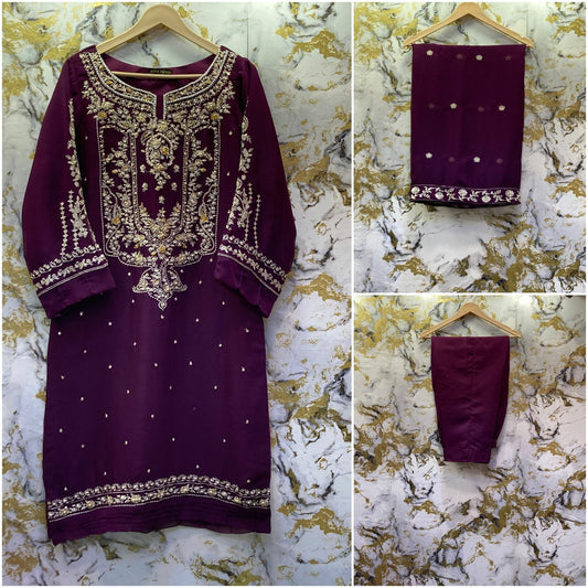 3 Piece - Pure Embroidered Bamber Chiffon DEEP - PLUM Suit AN-0002