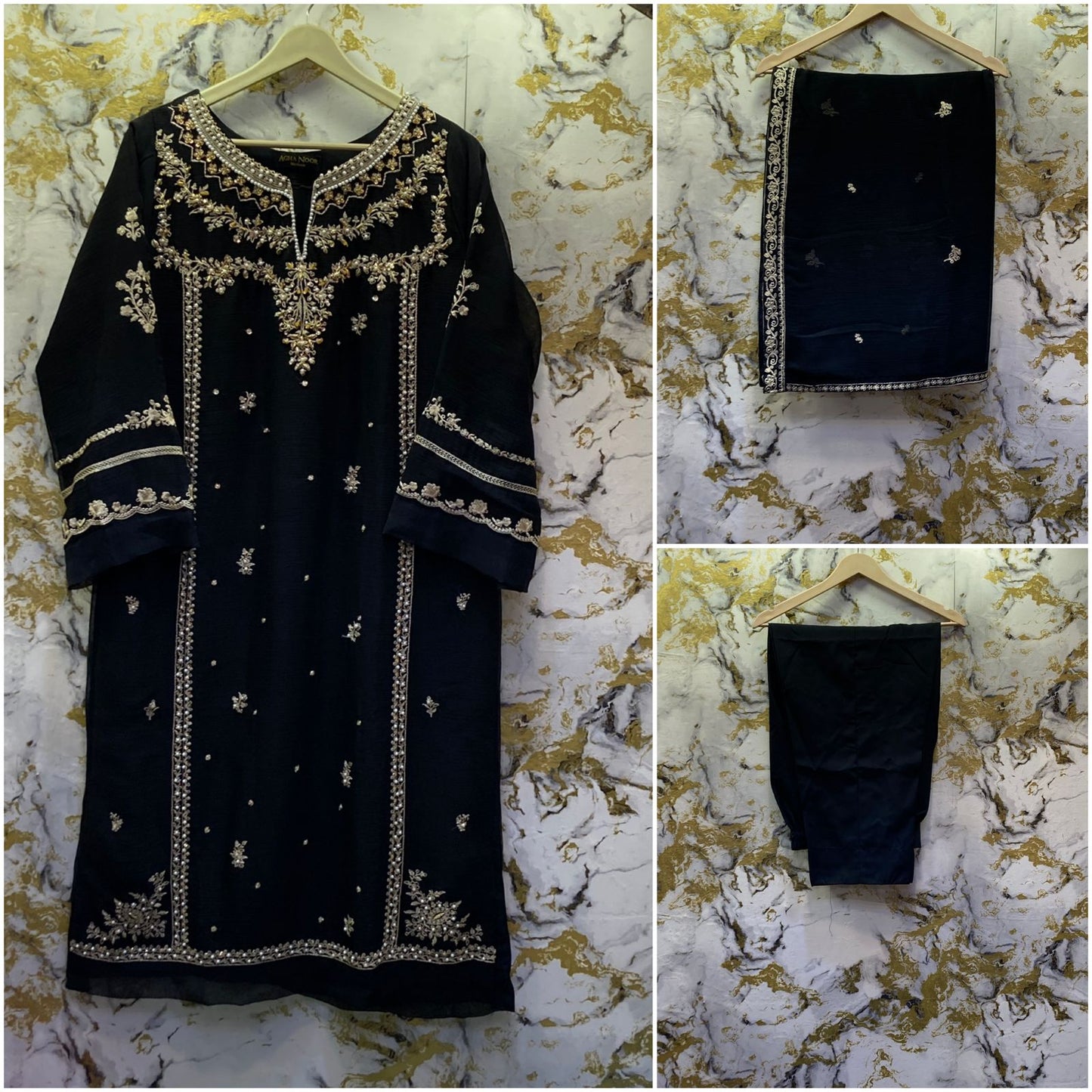 3 Piece - Pure Embroidered Bamber Chiffon DEEP - Black Suit AN-0021