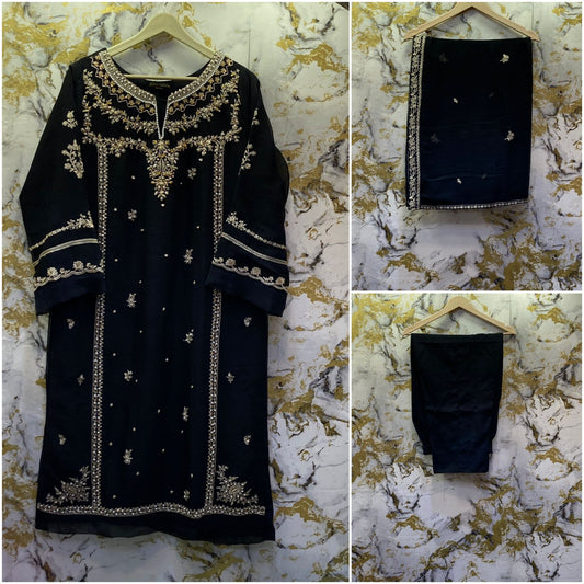 3 Piece - Pure Embroidered Bamber Chiffon DEEP - Black Suit AN-0021
