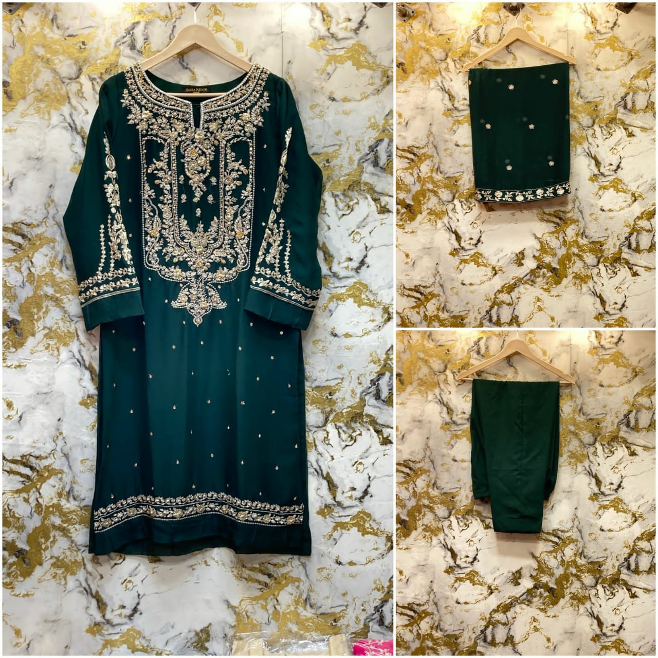 3 Piece - Pure Embroidered Bamber Chiffon BOTTLE - GREEN Suit AN-0022