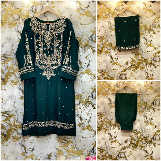 3 Piece - Pure Embroidered Bamber Chiffon BOTTLE - GREEN Suit AN-0022